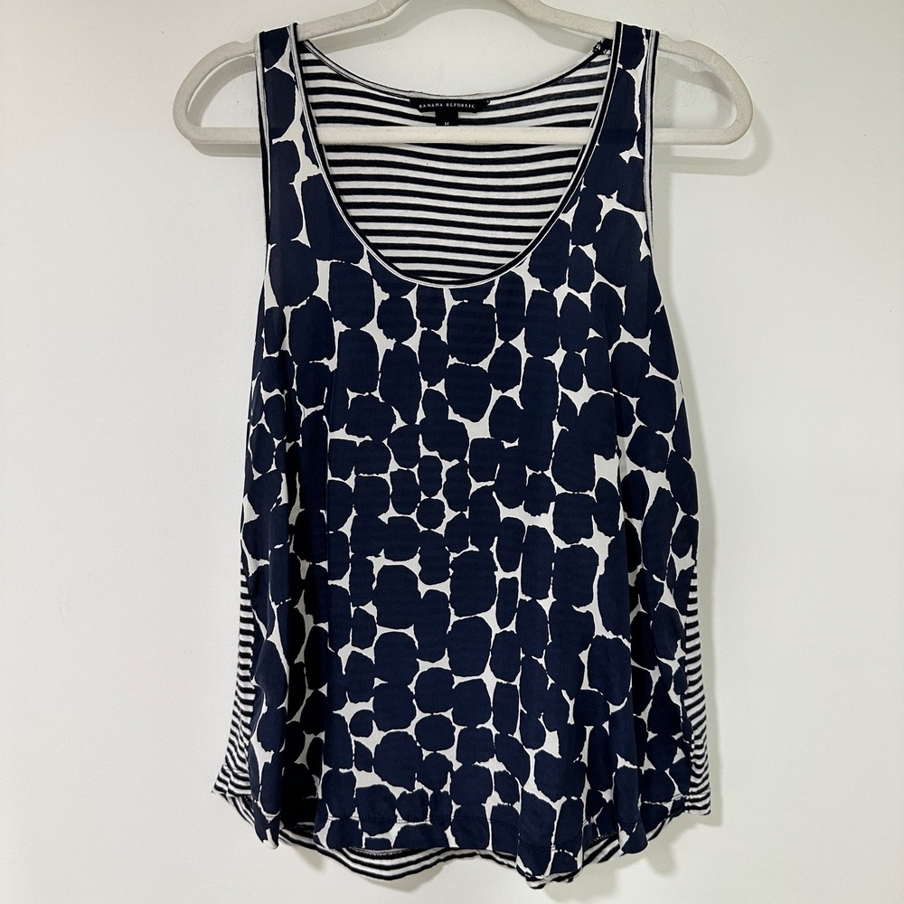 Banana Republic Womens Silk Cotton Tank Top Abstract Stripe Navy Blue Size M